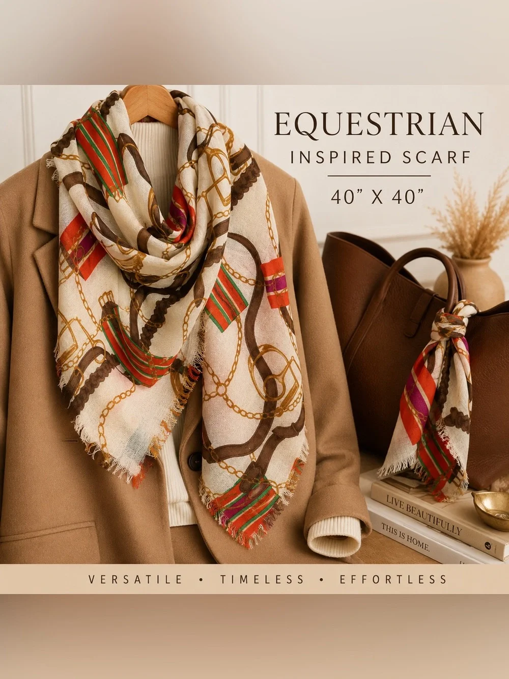 Oversized Equestrian Chain Belt Print Scarf Wrap 40” Square